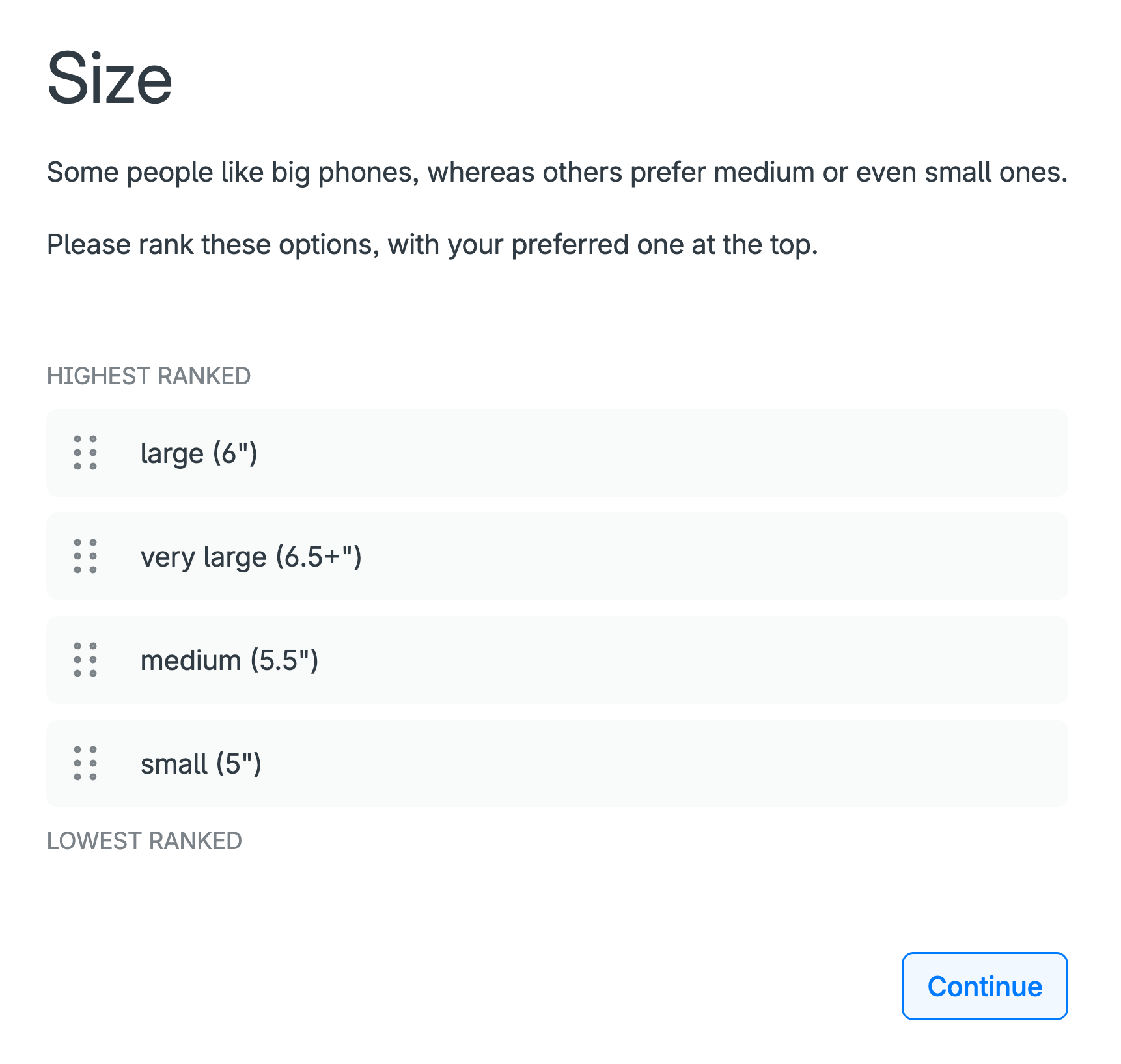 Example of self-explication for phone size